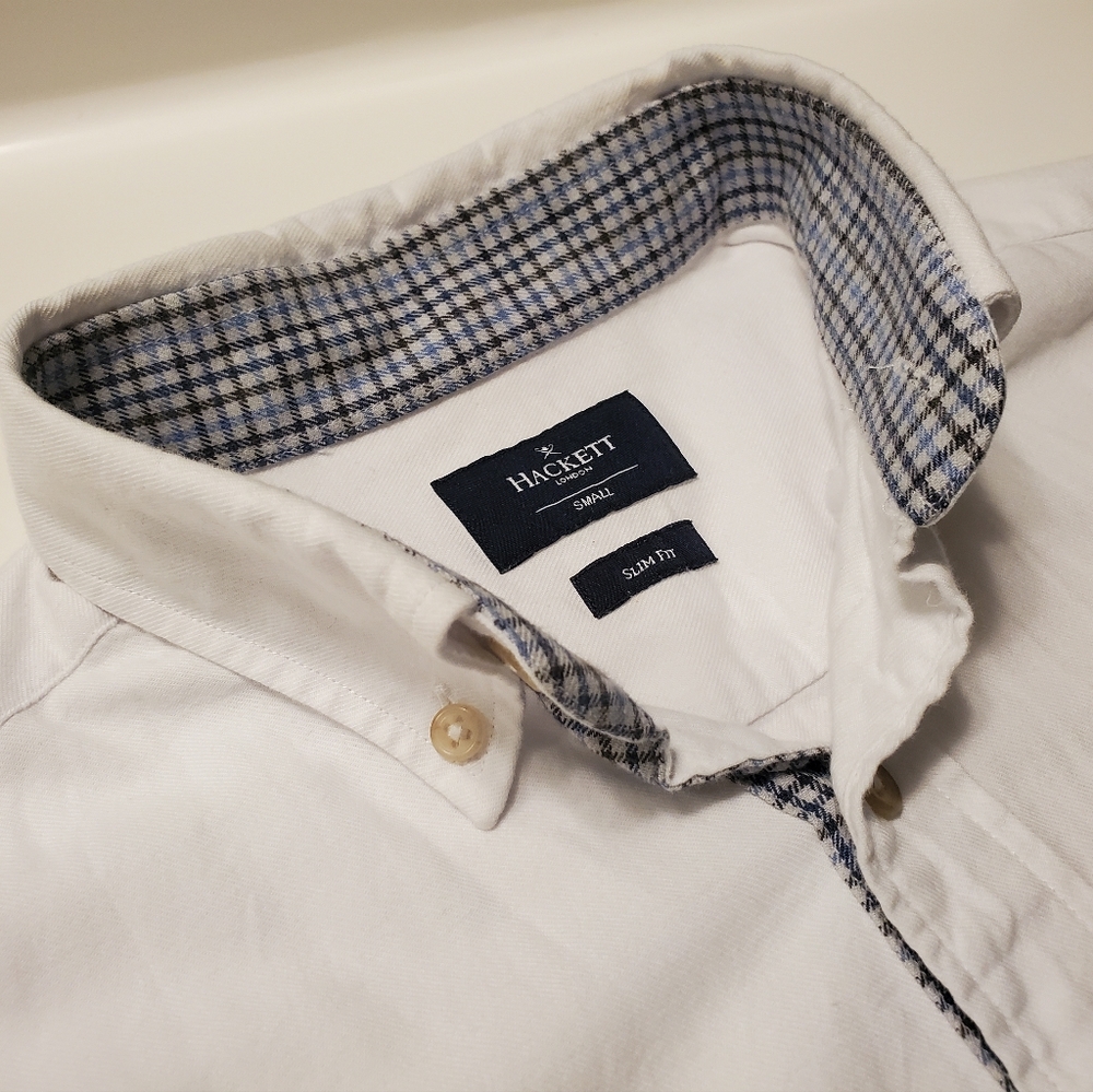 Hackett London White Contrast Detail Flannel Shirt Cotton Slim Fit Small